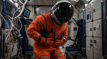 Un astronauta con casco y un traje espacial naranja se encorva, sujetándose el abdomen con ambas manos, dentro de una cabina de nave espacial con paneles y monitores.