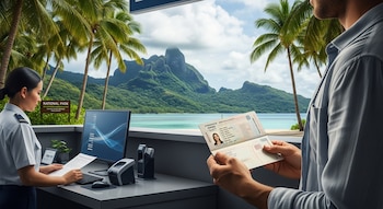 Agente de inmigración y turista con pasaporte en puesto de control. Se observa monitor, teclado, lector, palmeras, mar, montañas y letrero de parque nacional.