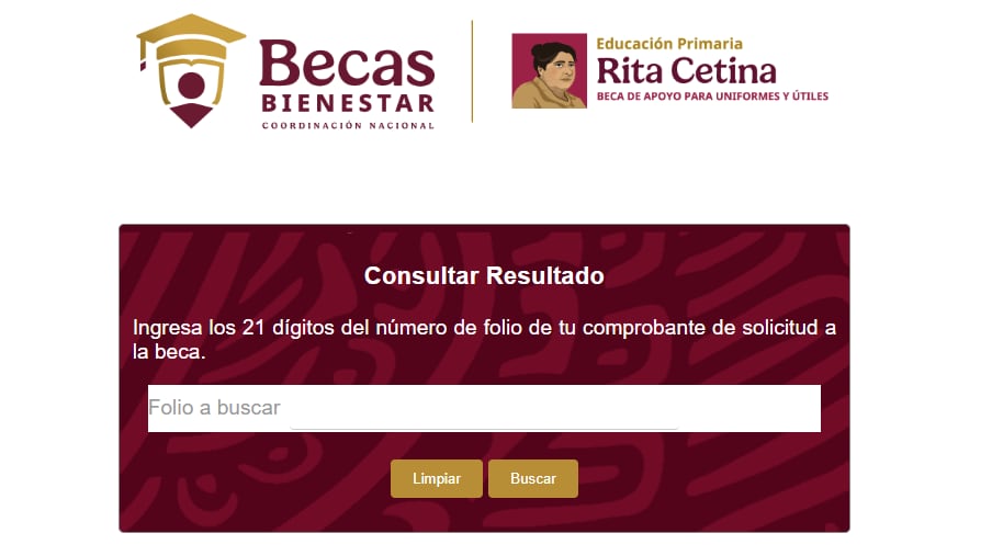Desde el 21 de mayo, madres, padres y tutores pueden ingresar su folio en buscador.becasbenitojuarez.gob.mx/consultafolio/ para conocer el estatus de su trámite de la Beca Rita Cetina 2026. (Captura de pantalla programasparaelbienestar.gob.mx)