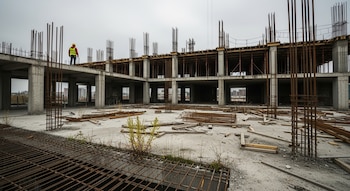Un obrero solitario de espaldas con casco amarillo y chaleco fluorescente en un edificio de hormigón en construcción incompleta con barras de acero expuestas.