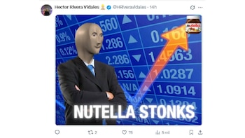 Captura de pantalla: el meme 'Stonks' con traje, frasco de Nutella, flecha ascendente y números financieros en azul. El texto 'NUTELLA STONKS' es visible