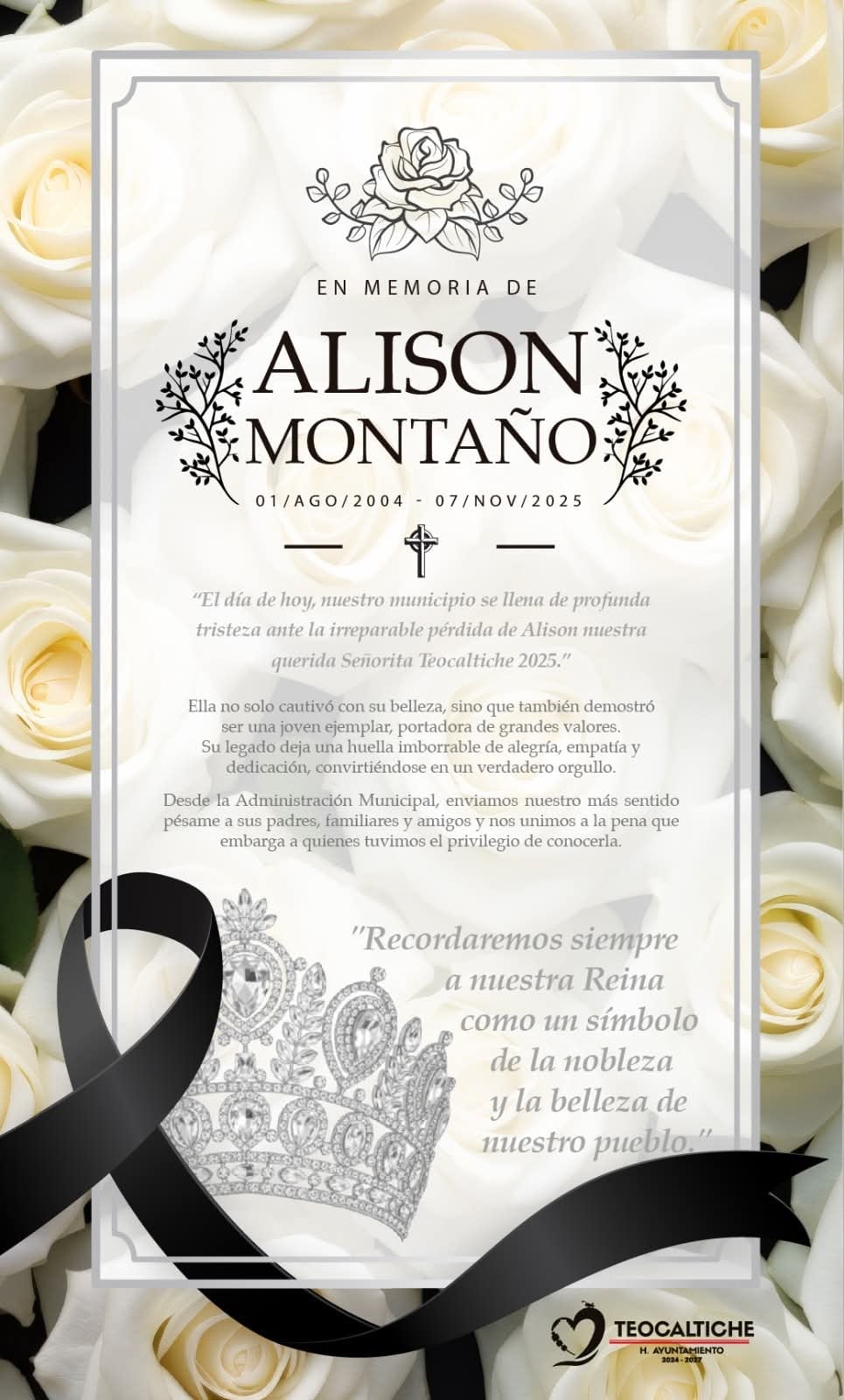 El Ayuntamiento de Teocaltiche compartió sus condolencia tras el fallecimiento de Alison Montaño. Foto: (Ayuntamiento de Teocaltiche)