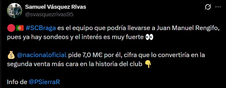 El Sporting Braga de Portugal tendría muy cerca a Juan Manuel Rengifo porque pagaría lo que Atlético Nacional pide por el volante - crédito @svasquezrivas95/X