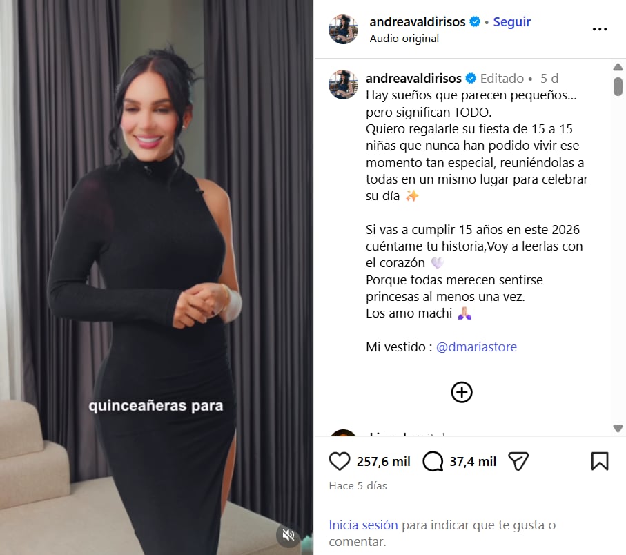 Andrea Valdiri compartió la noticia de que se realizarán fiestas de 15 años para 15 jóvenes elegidas de redes sociales - crédito @andreavaldirisos/IG