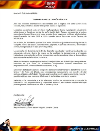 Comunicado de la campaña de Abelardo De La Espriella en el que se asegura que la captura de Tabares corresponde a hechos ocurridos entre 2016 y 2020 y no a la actual contienda política - crédito Apartadó Radio/Facebook