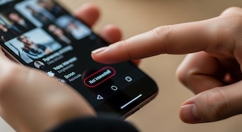 Una mano sostiene un teléfono móvil, mientras un dedo índice toca la opción 'Not interested' en la pantalla oscura de la aplicación TikTok.