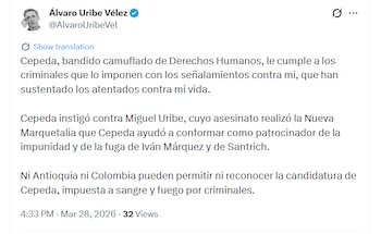 El expresidente calificó a Cepeda como “bandido camuflado de Derechos Humanos” en un mensaje en X - crédito @AlvaroUribeVel/X