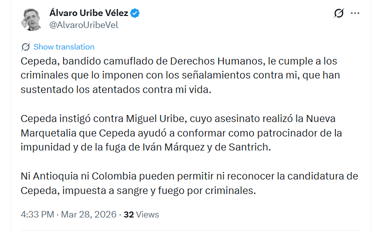 El expresidente calificó a Cepeda como “bandido camuflado de Derechos Humanos” en un mensaje en X - crédito @AlvaroUribeVel/X