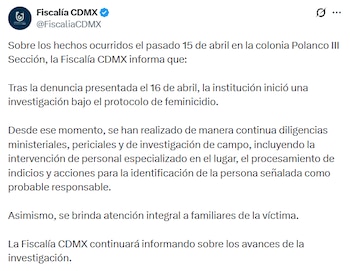 La Fiscalía de la Ciudad de México abrió una investigación bajo el protocolo de feminicidio y mantendría a la suegra como la principal sospechosa. (X/ @FiscaliaCDMX)