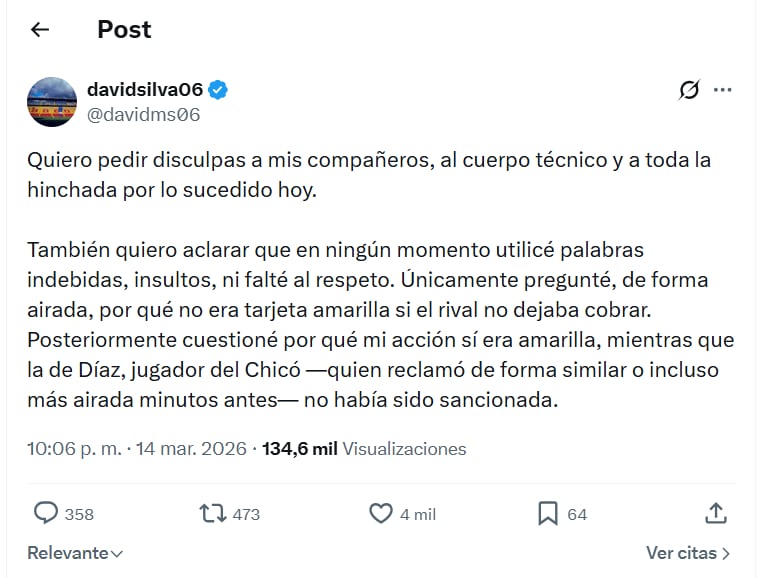 Post de David Mackalister Silva con lo sucedido con el árbitro del partido - crédito X