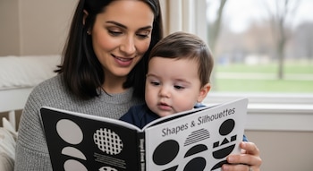 Una madre sonriente sostiene a su bebé mientras le lee un libro abierto con patrones geométricos en blanco y negro.