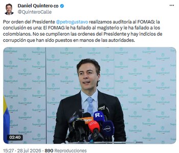 Daniel Quintero denunció crisis y desorden en el Fomag tras auditoría de la Superintendencia de Salud - crédito @QuinteroCalle/X