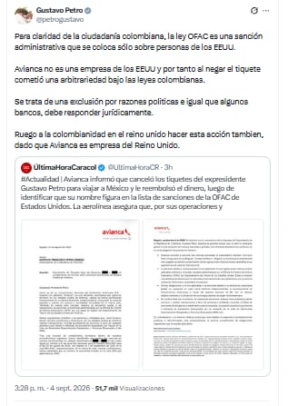 El expresidente Gustavo Petro aseguró que cancelaron sus tiquetes por razones políticas - crédito @petrogustavo/X