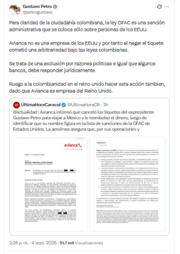 El expresidente Gustavo Petro aseguró que cancelaron sus tiquetes por razones políticas - crédito @petrogustavo/X