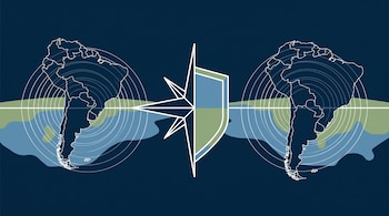 Un emblema central de estrella y escudo entre dos siluetas del mapa de América del Sur con círculos concéntricos sobre un fondo azul oscuro.