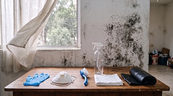 Una mesa de madera con guantes azules, mascarilla blanca, cepillo azul, botella rociadora, paño, bolsas de basura negras; pared con moho y ventana con cortina.