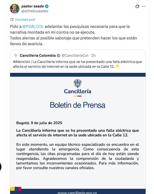 Alfredo Saade denunció un posible sabotaje en su contra tras una falla técnica en la sede de la Cancillería en Bogotá - crédito @alfredosaadev/X
