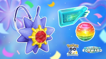 Una bolsa púrpura con forma de estrella, un dispositivo electrónico transparente azul, una esfera arcoíris y los logos de Pokémon GO
