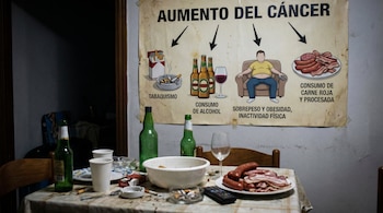 Un cartel envejecido sobre aumento del cáncer cuelga en una pared, mostrando ilustraciones de tabaco, alcohol, una persona obesa y carne. Debajo, una mesa con botellas vacías, ceniceros, vasos y un plato de embutidos.