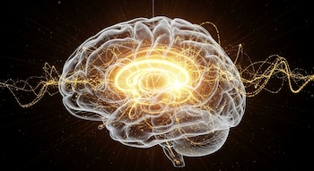 Representación digital de un cerebro humano translúcido con un centro brillante y partículas de luz dorada recorriendo sus circuitos sobre un fondo oscuro.