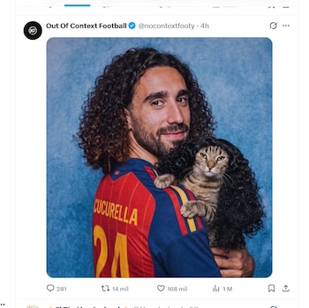 Hombre con cabello rizado y barba, camiseta de fútbol roja y amarilla con 'CUCURELLA 24', abraza a un gato atigrado con una peluca rizada negra