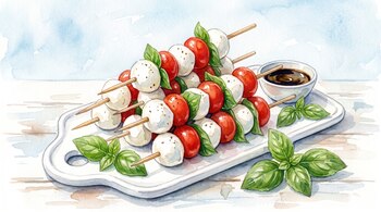 Brochetas con bolas de mozzarella, tomates cherry rojos y hojas verdes de albahaca, sobre un plato blanco junto a un cuenco con salsa oscura.