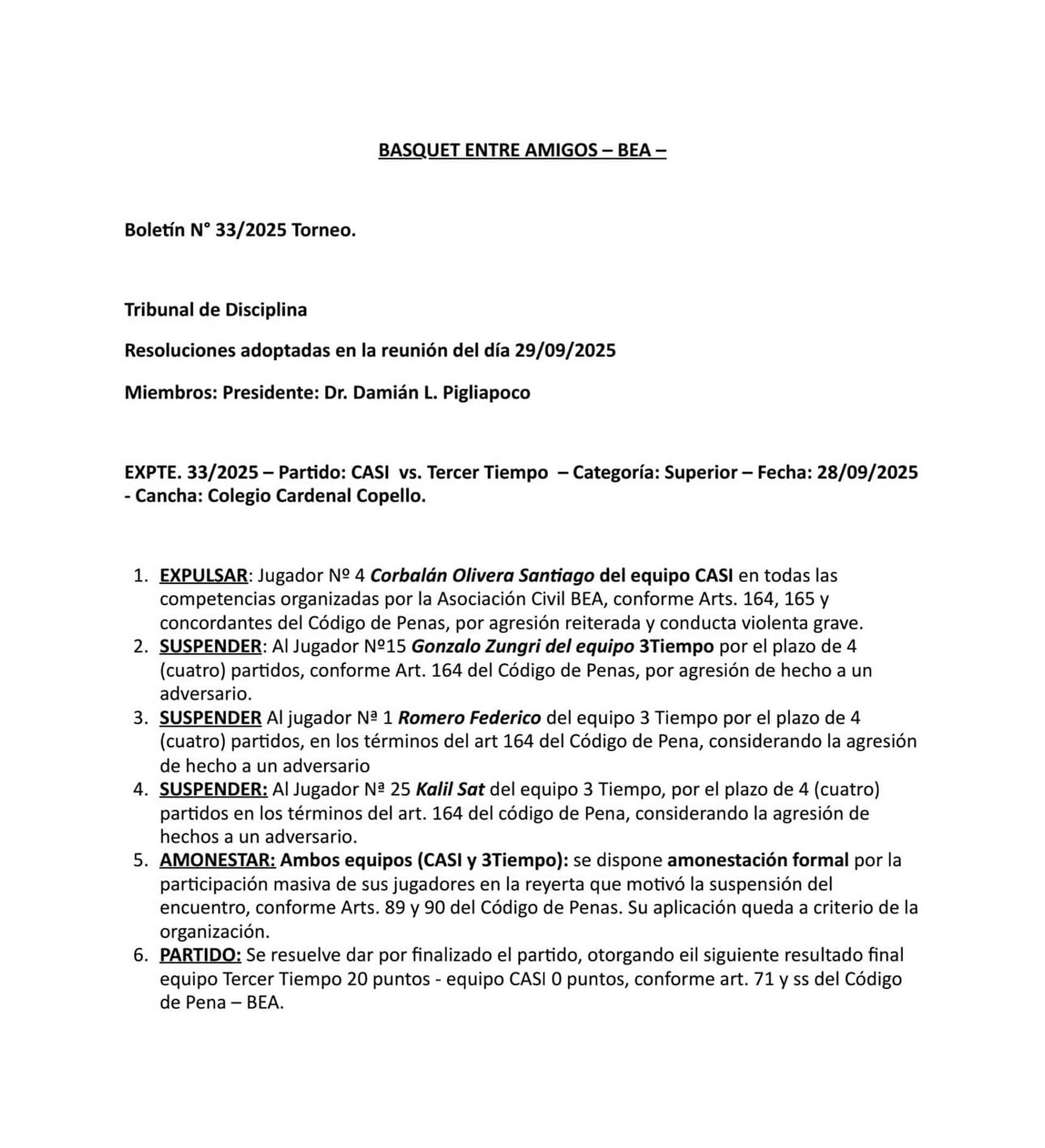El informe del Tribunal de Disciplina de Básquet Entre Amigos
