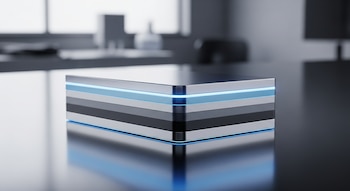 Primer plano de una batería de estado sólido rectangular con bordes plateados y franjas horizontales de color negro, gris y azul brillante, sobre una superficie reflectante.