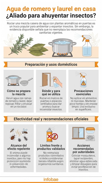 Infografía que muestra el uso de agua de romero y laurel para ahuyentar insectos, con imágenes de la preparación, aplicación y pictogramas de precauciones.