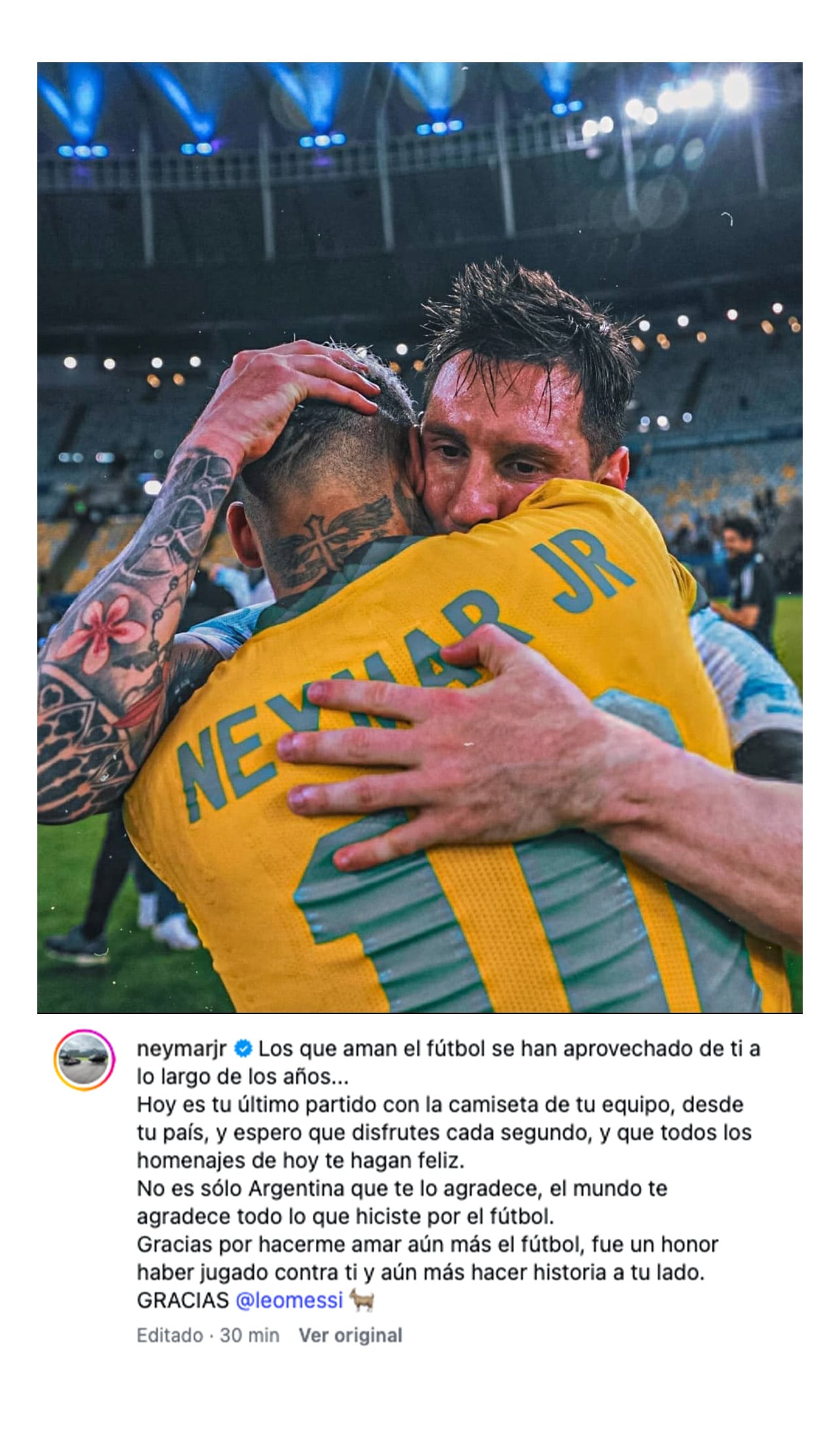 El abrazo con Messi tras el título de Argentina: una de las dos fotos que eligió Neymar para despedir a su amigo