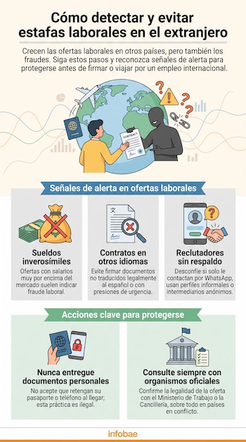 Infografía con título. Ilustración de persona, globo, avión, pasaporte, contrato. Iconos de dinero, documento, teléfono, pasaporte, edificio oficial. Logotipo Infobae.