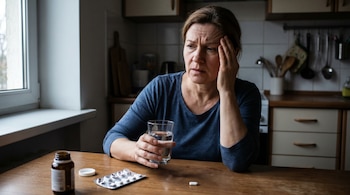 Una mujer con expresión de dolor, mano en la sien, sentada en una mesa de madera con un vaso de agua, un blíster de pastillas y un frasco de medicamento.