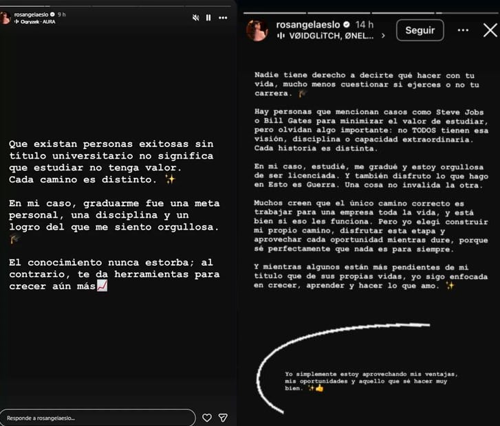 La influencer Rosángela Espinoza compartió historias en redes sociales, reafirmando el valor de la educación y su orgullo por ser licenciada en medio de la controversia con Melissa Loza.