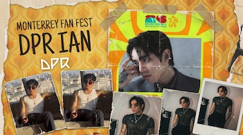 Póster estilo scrapbook con patrones retro, incluye cartel del Monterrey World Cup Host City y múltiples fotos desgastadas de DPR IAN en varias poses.