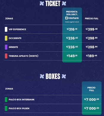 Cuadro tarifario con precios en soles para zonas como Experiencia VIP, Occidente, Oriente, Tribuna y palcos, con descuento del veinte por ciento