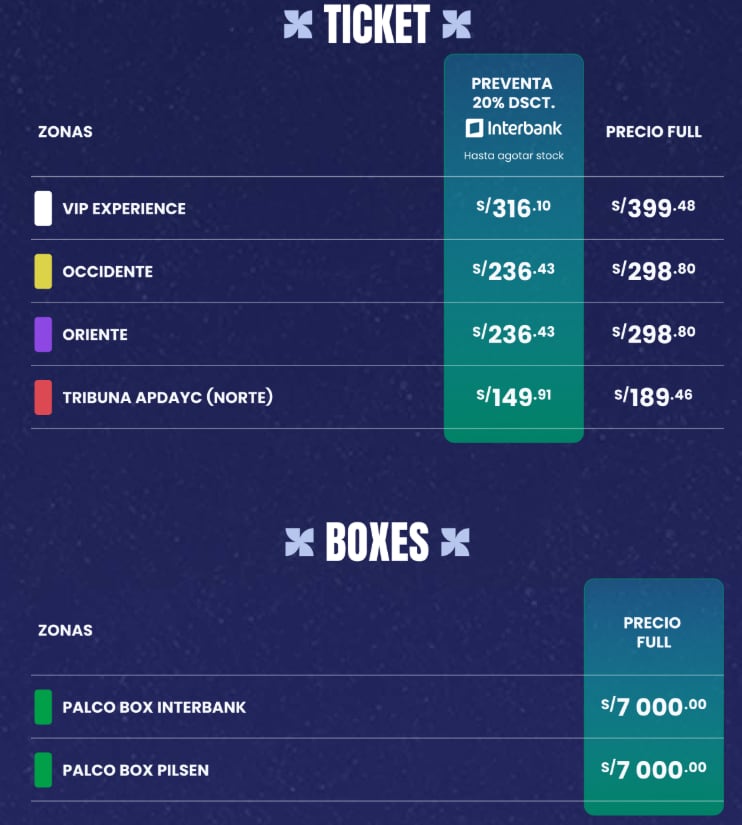 Una lista tarifaria detalla los precios regulares y con descuento en soles para las zonas y palcos del festival de música en Perú.