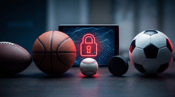 Balón de fútbol americano, balón de baloncesto, pelota de béisbol, disco de hockey y balón de fútbol frente a una tableta con un candado rojo.