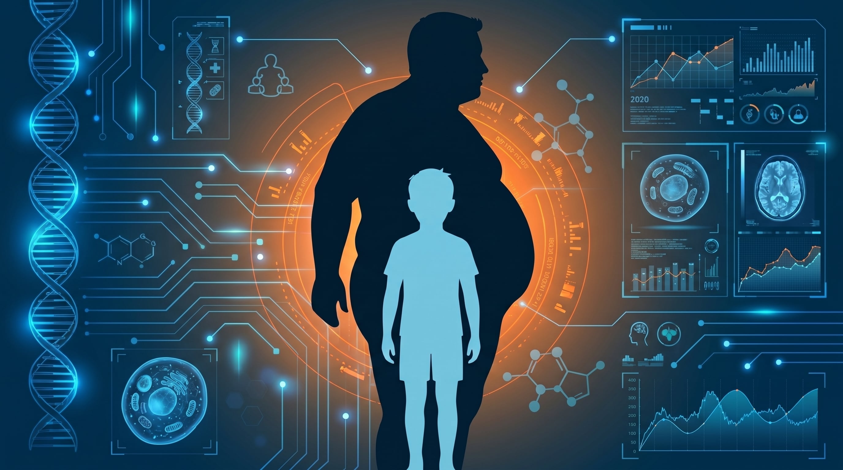 Ilustración biomédica que representa el vínculo entre la genética, la obesidad en adultos y niños, y el análisis de datos de salud en el contexto del futuro de la medicina. (Imagen Ilustrativa Infobae)