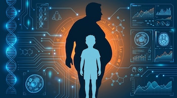 Siluetas de un adulto con sobrepeso y un niño sobre fondo biomédico digital con ADN, circuitos, gráficos, células y cerebros, en azul y naranja.
