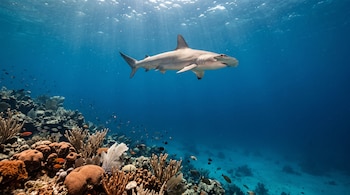 Un tiburón de cabeza ancha nada en agua azul sobre un arrecife de coral con pequeños peces.