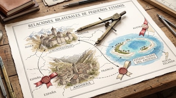 Dibujo sobre papel con un compás, sellos y un mapa que incluye a Liechtenstein, Andorra y un atolón del Pacífico junto a nombres de países.