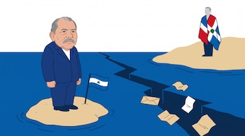 Caricatura de Daniel Ortega en una isla con la bandera de Nicaragua, otra isla con figura envuelta en bandera dominicana, mar con grieta y cartas diplomáticas.