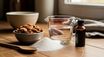 Cuenco con almendras, pila de azúcar, cuchara de madera, jarra medidora con agua, botella de esencia de vainilla en mesada de cocina.