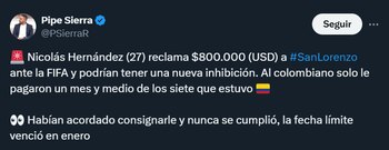 Nicolás Hernández pide US 800.000