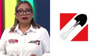 Retrato de Flora Maribel Fernández Rengifo junto al símbolo del partido Acción Popular, que presenta una pala sobre un fondo rojo y blanco