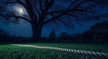 Vista nocturna de un parque con un gran árbol oscuro, luna llena en el cielo azul, y una cuerda clara extendida sobre el pasto verde.
