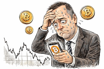 Caricatura de Manuel Adorni, con expresión de angustia y sudor en la frente, sosteniendo un teléfono con el símbolo de Bitcoin, mientras monedas de Bitcoin flotan y un gráfico de valores decrece.