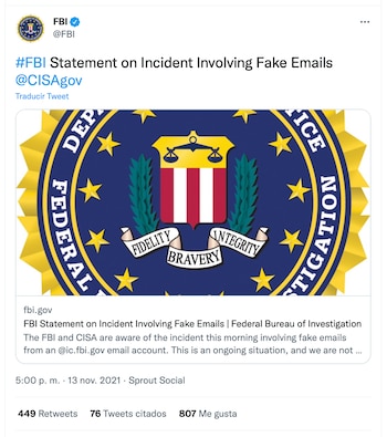 Tweet oficial del FBI. (captura: