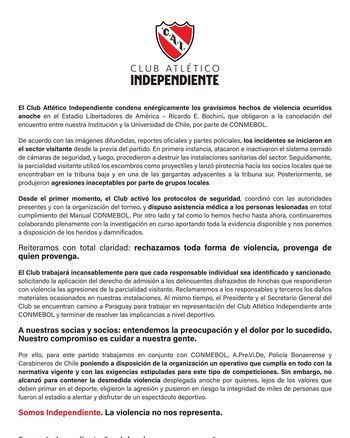 El comunicado de Independiente tras