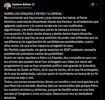 Gustavo Bolívar - crédito @GustavoBolivar/X